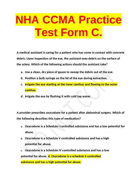NHA CCMA Practice Test Form C. Exams Nursing Docsity