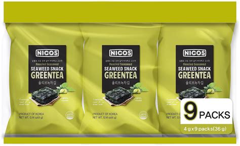 NICOS Roasted Seasoned Seaweed Snack TOGO ( 9 pack x 2 ) ( Green Tea …