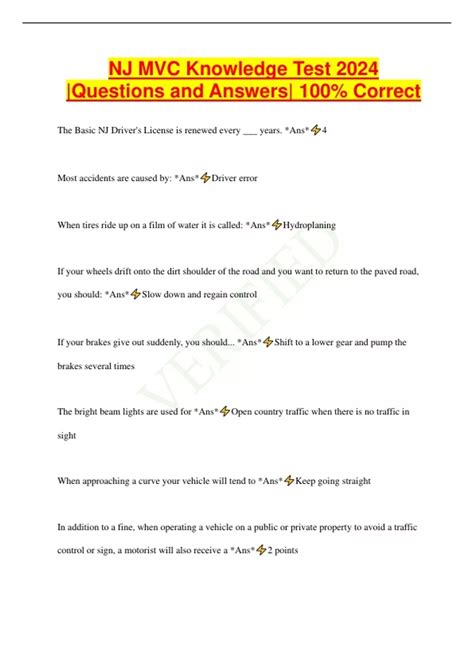 NJ MVC Knowledge Test 2024 Questions and Answers 100 Correct NJ