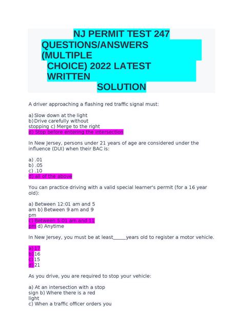 NJ Permit Test Questions and Answers Exams Health sciences Docsity