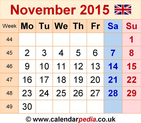 NOVEMBER 2015 CALENDAR UK Images