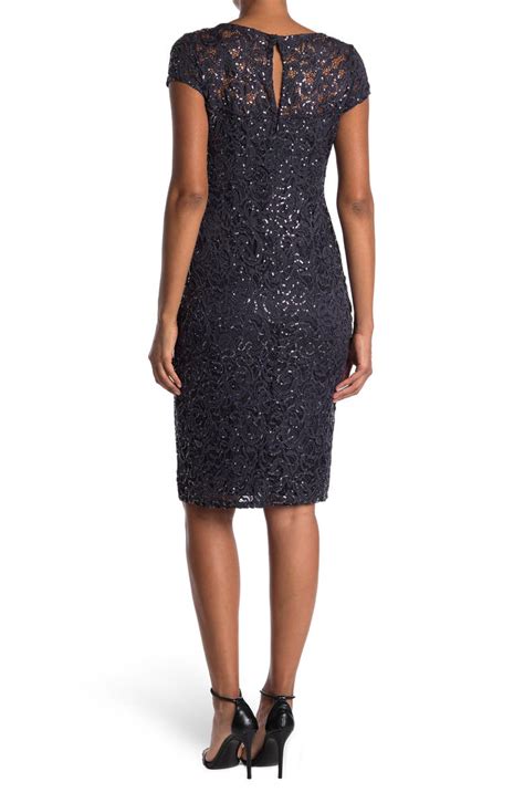 NWT Marina Sequin Lace Cap Sleeve Sheath Dress in Gun Size small