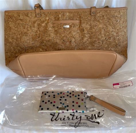 NWT Thirty-One Style Setter Tan Metallic Cork with Cross Pop