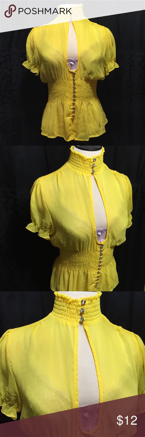 NWT Zanzea Long Sleeve Yellow Blouse Size L Sheer Embroidery