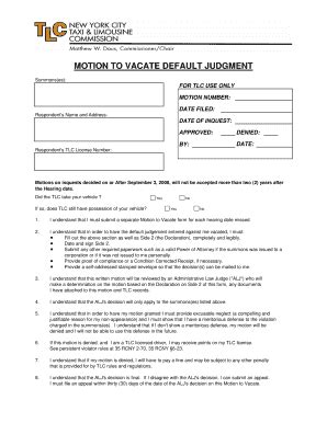 NY TLC Motion to Vacate Default Judgment Fill and Sign Printable