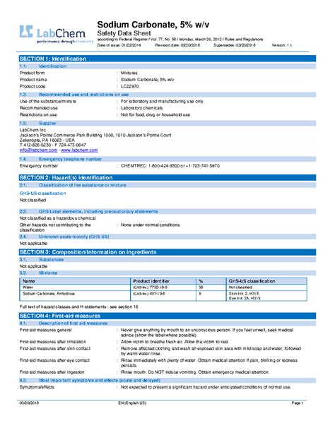 Na2CO3 SDS Notes Safety Data Sheet according to Federal Register
