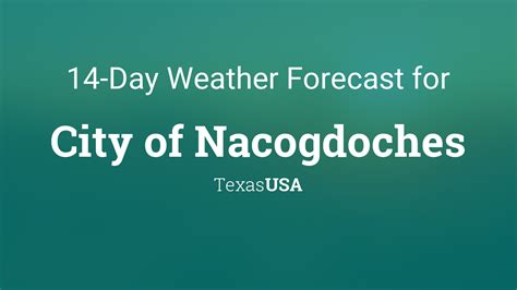Nacogdoches 10 day weather forecast. Currently: 68 °F. Overcast. (Weather station: Nacogdoches Weather Reporting Station, USA). See more current weather Nacogdoches Extended Forecast with high and low temperatures °F Oct 8 - Oct 14 Lo:60 Wed, 11 Hi:75 9 Lo:55 Thu, 12 Hi:81 5 0.01 Lo:63 Fri, 13 Hi:86 10 Lo:54 Sat, 14 Hi:73 10 Oct 15 - Oct 21 Lo:50 Sun, 15 Hi:71 7 Lo:46 Mon, 16 