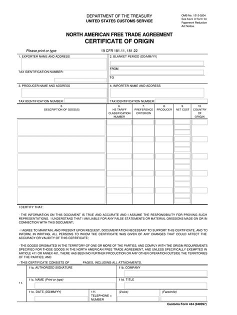 Nafta Certificate Of Origin Template