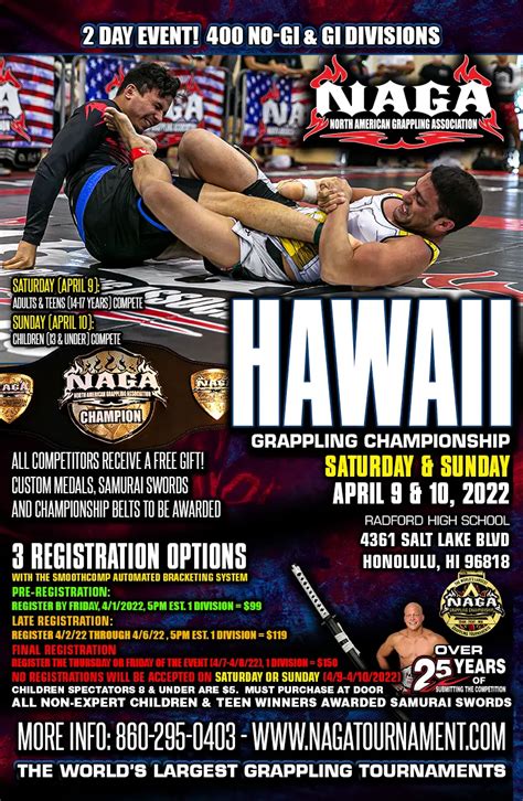 Naga hawaii 2022. Dec 17, 2022 · December 17, 2022 @ 8:00 am - 7:00 pm. The Michael & Son Sportsplex at Dulles, Sterling, VA. View Local Events View Results. The North American Grappling Association (NAGA) are the world’s largest mixed grappling tournaments with over 700,000 competitors worldwide. NAGA tournaments offer both no-gi and gi (BJJ) divisions. 