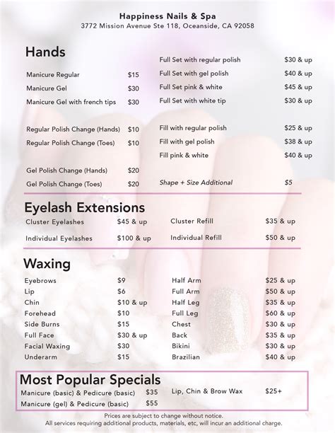 Nail Salon Menu Prices