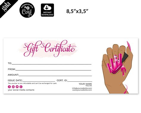 Nail salon gift certificate. The nail salon gift certificate templates in our online catalog are the ideal way for people in your community to pamper their loved ones. Take a few moments to customize yours, then print with us or absolutely anywhere! 100% fully customizable. High quality printing available. Design & download from anywhere. Millions of images, icons & graphics. 