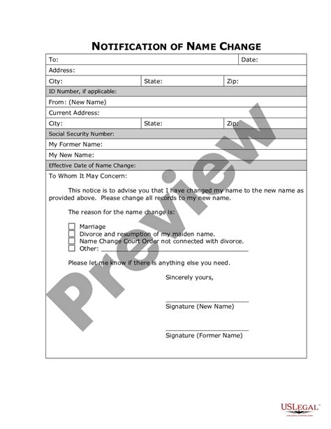 Name Change Notification Form Name Change US Legal