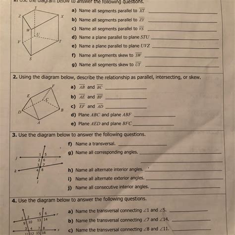 Correct answers: 2 question: Uml juunipo date: 10/1310 bell: homework 1: parallel lines & transversa ** this is a 2-page document! ** 1. use the diagram below to answer the following questions. a) name all segments parallel to xt b) name all segments parallel to zy c) name all segments parallel to vs d) name a plane parallel to plane stu e) name a plane parallel to plane uvz f) name all ... . 