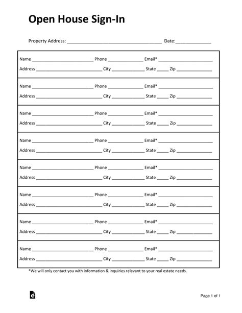 Name and Address Real Estate Open House Signin Sheet eForms