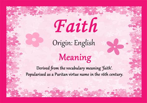 Name means faith. Meanings English Baby Names Meaning: In English Baby Names the meaning of the name Faith is: Faithful. A Christian virtue name popular among 16th century Puritans. 