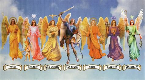 Names of four archangels. According to the Book of Enoch, the names of the seven archangels are Gabriel, Michael, Raphael, Uriel, Raguel, Remiel, and Saraqael. The Book of Enoch is an ancient Jewish text th... 