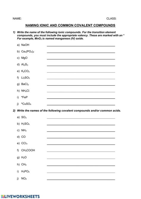 Naming Chemical Compounds Worksheet With Answers Printable Computer Tools