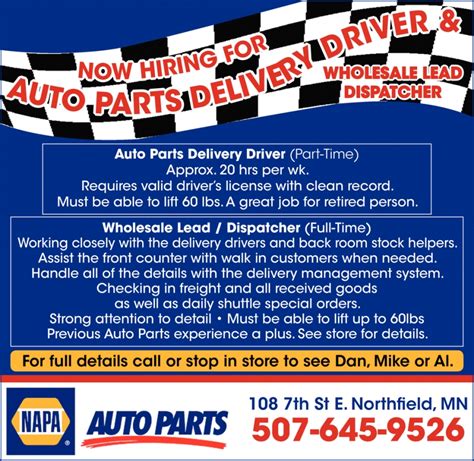 Napa parts delivery driver pay. The Delivery Driver is an important member of the store team, and is primarily responsible for: Providing timely and correct parts deliveries to our customers. Maintaining a … 
