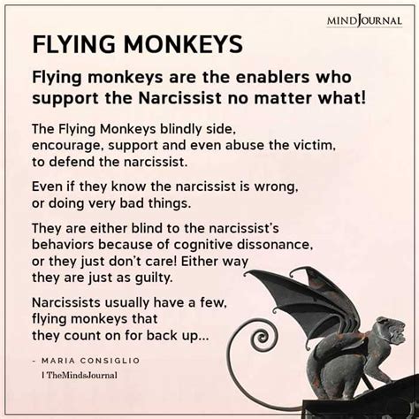 Enablers are the people who support the narcissist, defend the narcissist, fight for the narcissist, people the narcissist recruits to their side. These people are usually called "flying monkeys," but there are other types of enablers, too. These are the people who might not agree with or defend the narcissist but who enable the narcissist by .... 