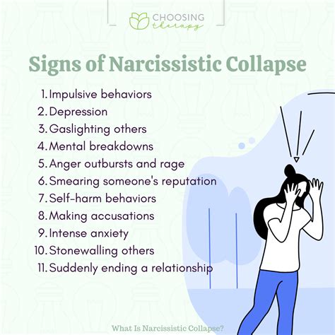 Narcissistic collapse. Nov 11, 2021 · 9. Narcissistic Collapse. A narcissistic collapse is the worst possible outcome for the aging narcissist. This is basically a massive mental breakdown that occurs when and if the narcissist loses their key source of narcissistic supply. 