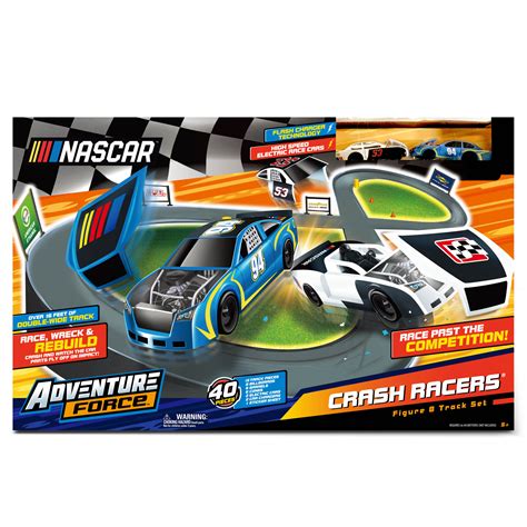 NASCAR Adventure Force Crash Racers allow kids to race past the competition on the only track set where you can race, wreck and rebuild your cars on an officially branded NASCAR track. It combines motorized, high-speed racing with NASCAR vehicles that break apart on impact – the hood, doors and roof fly apart.. 