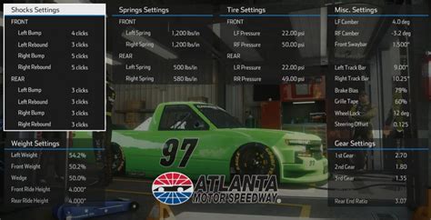 Here are the track records for NASCAR’s top series. Try the setups below and see if you can beat them. NASCAR Truck – Kyle Busch/Brett Moffitt – 30.132. NASCAR Xfinity – Justin Allgaier – 30.086. NASCAR Cup – Kevin Harvick – 28.808. NASCAR Heat 5 Setup for Trucks at Las Vegas Motor Speedway. 30.9 Lap Time