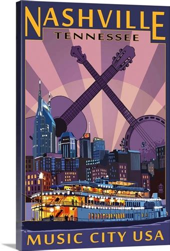 Nashville, Tennessee Skyline at Night Retro Travel Poster Retro