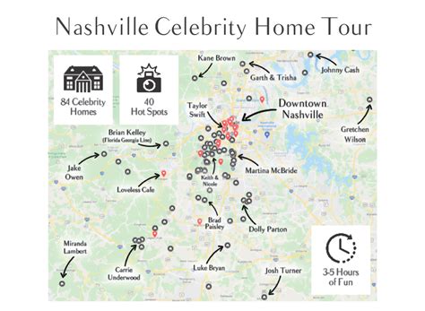 Nashville celebrity homes map free. from $279.00. Price varies by group size. Nashville, Tennessee. Private Nashville Luxury Party Bus Tour (4, 6, or 8-Hours) 2. from $732.31. Per group. Operators have paid Viator more to have their experiences featured here. 