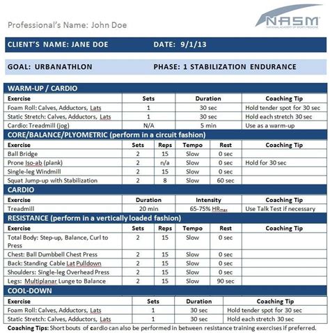 Nasm Opt Workout Template EOUA Blog