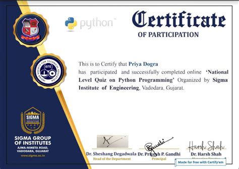 National Level Python Programming Certificate Sigma Institute Certificate