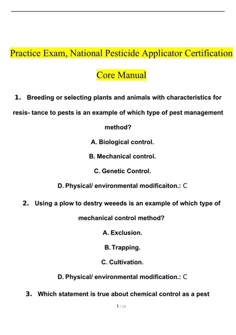 National pesticide applicator certification core manual practice test pdf.  ...