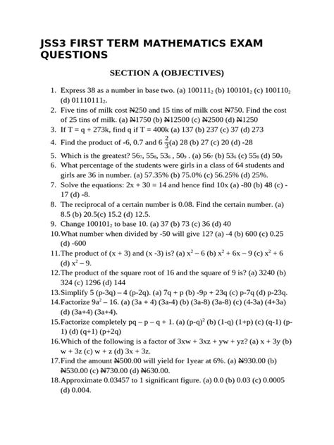 National value exam questions for jss3 first term pdf download.  All classes and ...