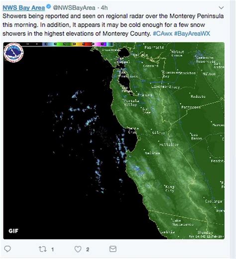 Oct 18, 2023 · NOAA National Weather Service San Francisco Bay Area, CA. HOME. FORECAST. Local; ... CA 21 Grace Hopper Ave, Stop 5 Monterey, CA 93943-5505 (831) 656-1725 Comments ... . 