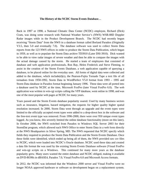 National weather service tornado history.  Storm Events Database The database currently con...