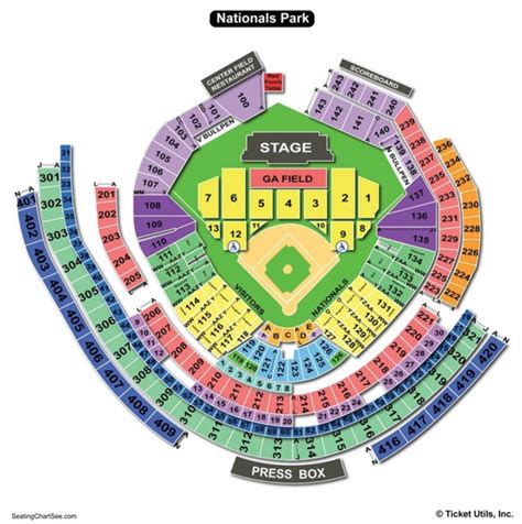 Nationals park seating chart with seat numbers. 200-level sections, rows and seats at American Family Field. 200-level center sections include 216-221. 200-level corner sections include 206-211, 226-228. 200-level end sections include 212-215, 222-225. Lower-level rows run from 1-10, with rows in corner and end sections starting at 1-20. 