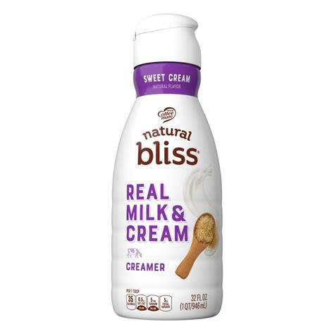 Natural bliss coffee creamer. 32 fl. oz. Bottle. Add bliss to your cup with natural bliss zero sugar cinnamon crème flavored almond & coconut milk creamer. Go plant based with this vegan creamer made with real almond and coconut milk. Our zero sugar cinnamon créme creamer is made with flavor from real cinnamon sticks. 