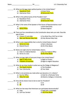 Naturalization Test Answer Key