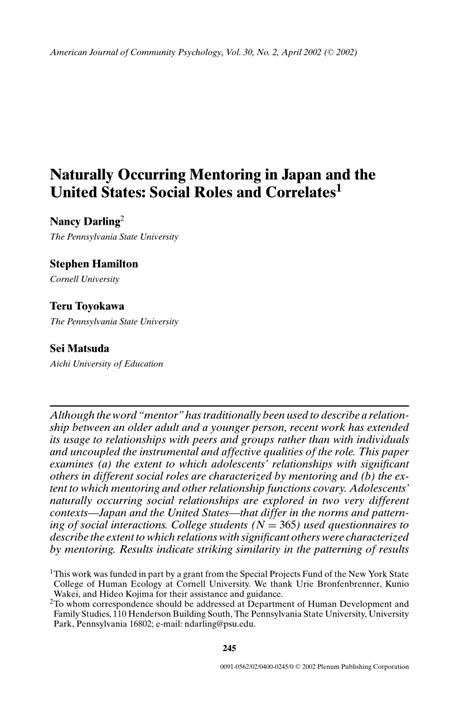 Naturally Occurring Mentoring in Japan and the United States