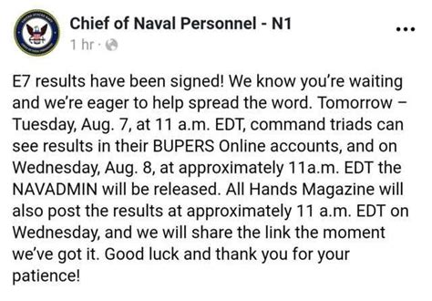 Navy chief results fy24 release date. -This year we expect the Active E-7 Board results to be released on 04 October 2021. CPO Initiation will commence once these results are released, and culminate with Final Night on 18 November, and Pinning Ceremonies on 19 November (with the typical operational wavier allowed for those two days). 