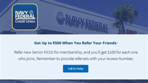 Navy federal referral promotion. Since 1933, Navy Federal Credit Union has grown from 7 members to over 13 million members. And, since that time, our vision statement has remained focused on serving our unique field of membership: "Be the most preferred and trusted financial institution serving the military and their families." 