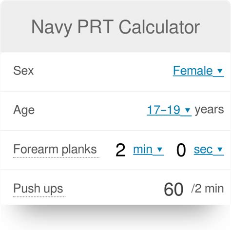 Navy Female 17-19 PRT Standards; Navy Female 20-24 PRT Standards; Navy Female 25-29 PRT Standards; Navy Female 30-34 PRT Standards; Navy Female 35-39 PRT Standards; Navy Female 40-44 PRT Standards; Navy Female 45-49 PRT Standards; Navy Female 50-54 PRT Standards; Navy Female 55-59 PRT Standards; Navy Female 60-64 PRT Standards; Navy Female 65 .... 