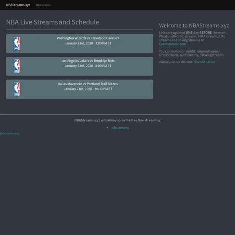 Nbastreams. NBA-Streams.app. This site provides an updated schedule of NBA games with streaming links. It covers games airing on national channels like ESPN/ABC and TNT as well as local team broadcasts. Links are … 
