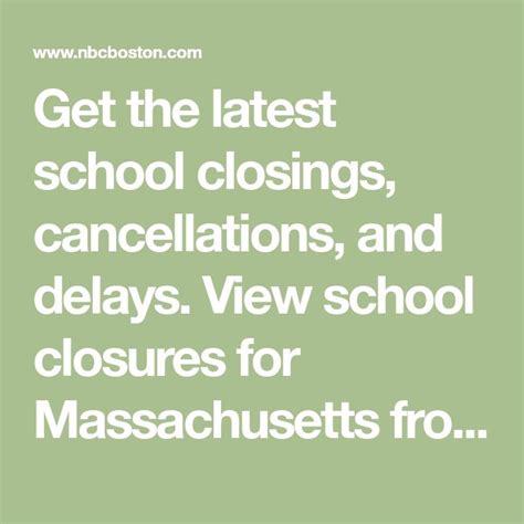 Closings & Delays - WCVB NewsCenter 5. Boston, MA 02108. 63°. Mostly Cloudy. 15%. MORE. No Alerts & Closings in Your Area Sign Up to Get Future Alerts. 1 / 2. Advertisement..
