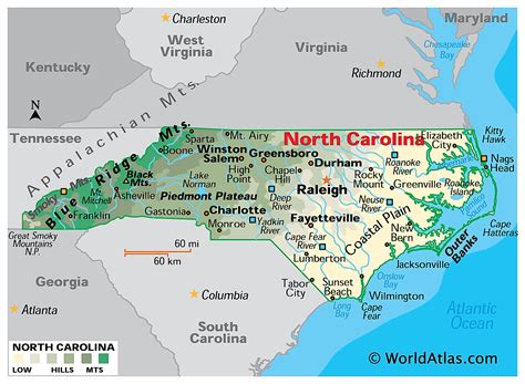 NC State Map. North Carolina is the 28th largest state of United States of America in terms of Area. North Carolina covers a total area of 52,669 square miles on the southeastern corner of the United States. Important towns, railway tracks, national highways, state highways and state capital are prominently marked in the North Carolina Map.