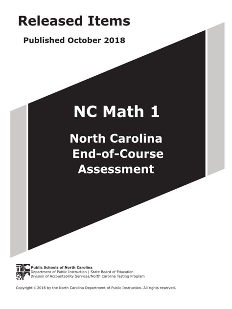 The North Carolina End-of-Course Math I Exam study guide will help students prepare for this test. The EoC exams count for 20 percent, or more, of a students' overall class grade. There will be 50 ...