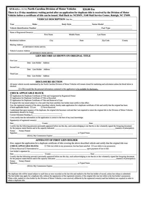 Download Fillable Form Mvr-4 In Pdf - The Latest Version Applicable For 2023. Fill Out The Application For Duplicate Title - North Carolina Online And Print It Out For Free. Form Mvr-4 Is Often Used In North Carolina Department Of Transportation - Division Of Motor Vehicles, North Carolina Legal Forms And United States Legal Forms.. 