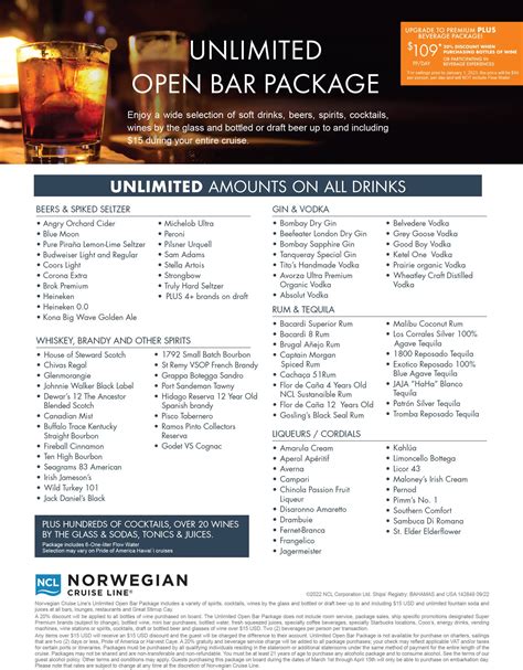 Ncl beverage package. Specialty Dining Packages do not include alcohol, but we offer a wide range of beverage packages, including the Unlimited Open Bar Package and Premium Plus Beverage Package. For more information about our beverage packages, please check out ncl.com "Onboard Packages" or visit any bar onboard the ship on the first day of your cruise. 