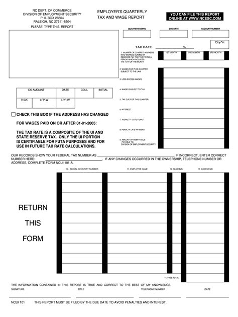 Quarterly Tax and Wage Report (Form NCUI 101). 5. Using the enclosed envelope, return your completed form to the central processing facility. 6. If you have questions, please contact your State Agency listed below: North Carolina Department of Commerce Labor & Economic Analysis Division - QCEW Unit P.O. Box 25903 Raleigh NC 27611-5903 