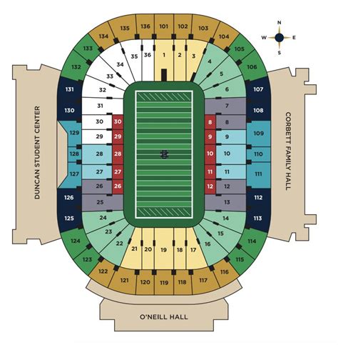 Nd seating chart. For the best view of the videoboard, opt for seats in the north endzone (sections 101-103 and 135-136). Row 4 is the first row of bleacher seating located behind a reserved accessible seating walkway. On early season day games sections 118-120 are most likely to receive shade at Notre Dame Stadium. For games later in the season, the opposite ... 