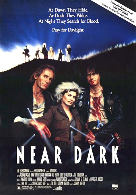 Near dark 1987. Near Dark is a 1987 vampire western film directed by Kathryn Bigelow. It combines Western and horror genres. The film stars Adrian Pasdar, Jenny Wright, Bill Paxton, Lance Henriksen and Jenette Goldstein. The film got positive reviews but made little money. The film has an 82% on Rotten Tomatoes. 